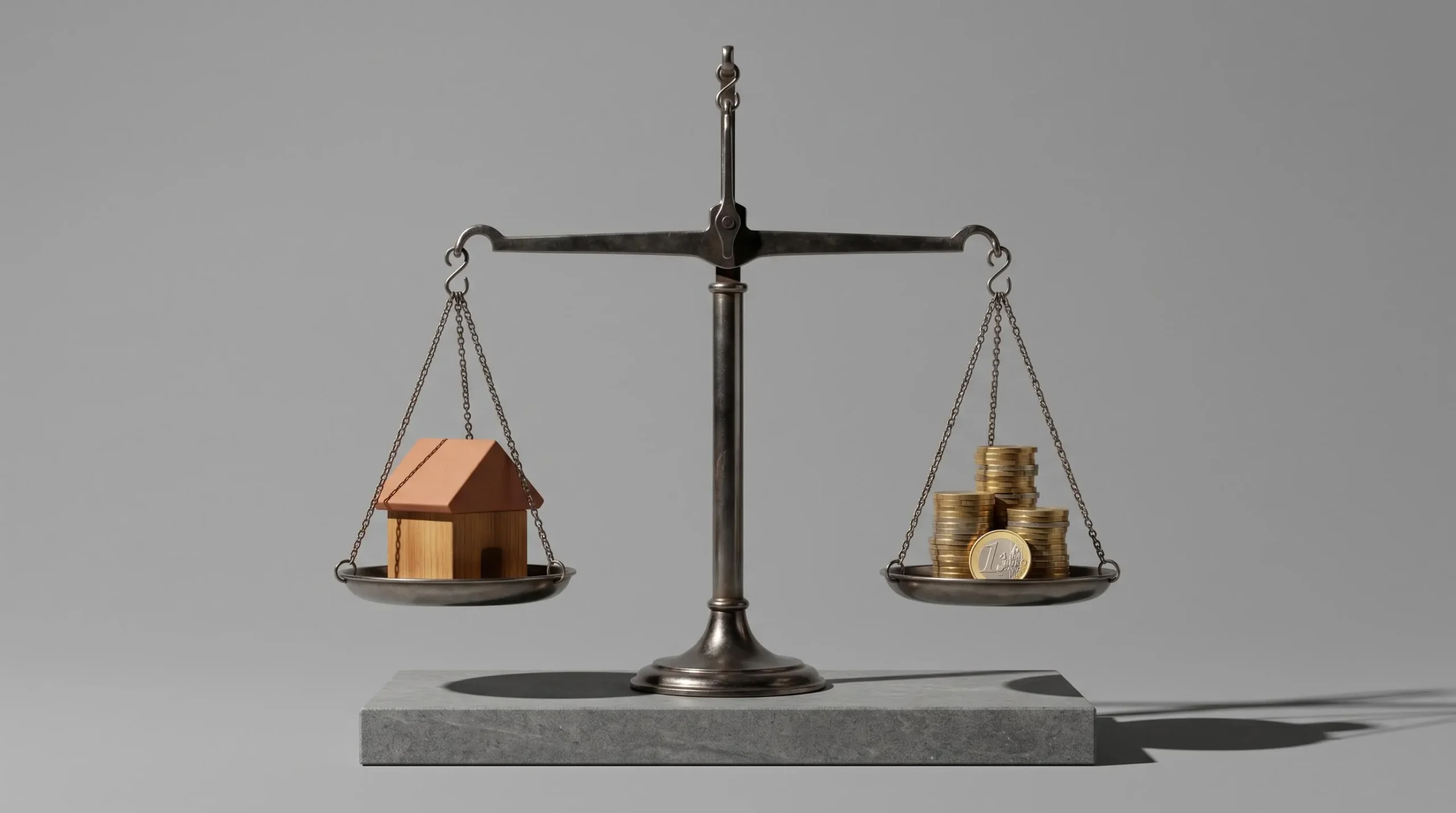 Une balance à plateaux en équilibre avec une maison miniature d'un côté et des pièces d'euro de l'autre, symbolisant l'arbitrage entre remboursement et épargne.