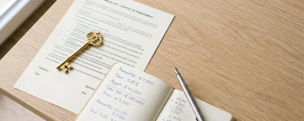 Une clé dorée posée sur un document de prêt immobilier, avec un stylo et un carnet de calculs sur une table en bois clair, symbolisant la décision de remboursement anticipé.