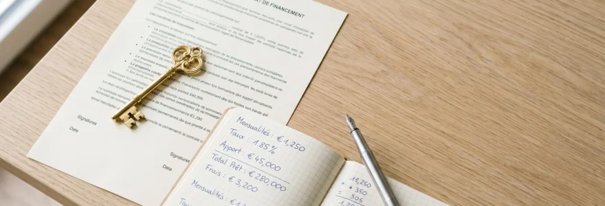 Une clé dorée posée sur un document de prêt immobilier, avec un stylo et un carnet de calculs sur une table en bois clair, symbolisant la décision de remboursement anticipé.