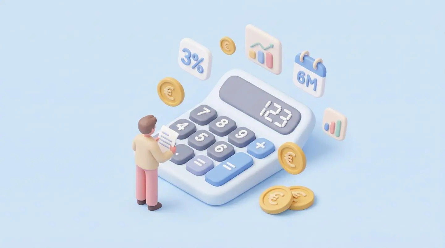 Calculatrice stylisée entourée de symboles de pourcentage et calendrier, en vue isométrique 3D