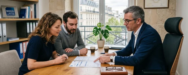 Un conseiller financier explique un document d'épargne à un couple dans un bureau.