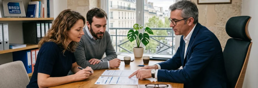 Un conseiller financier explique un document d'épargne à un couple dans un bureau.